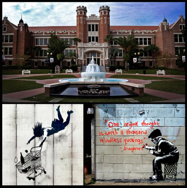 My alma mater, Florida State University, and two hit-n-run works by the anti-neo-liberal artist Banksy